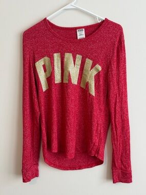 Victoria’s Secret PINK Cozy Jersey Sleep Shirt Red Gold Glitter Logo Size L